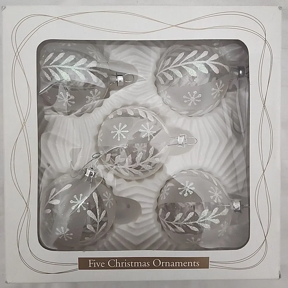 Vintage 5 Christmas Ornaments BRADFORD Clear Glass W/ White Glitter Decoration